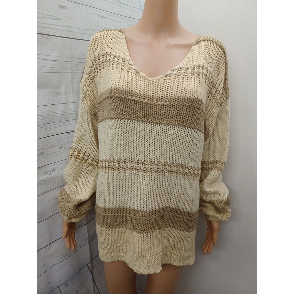 Angashion Women's Brown Ivory Pullover Crochet Long Sleeve Sweater Sz XL